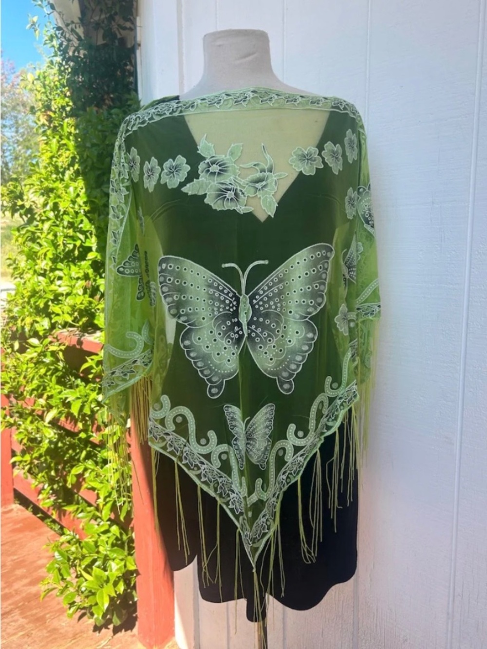 Semi Sheer Poncho, Green Butterfly, Beautiful, Handmade, Bright green
